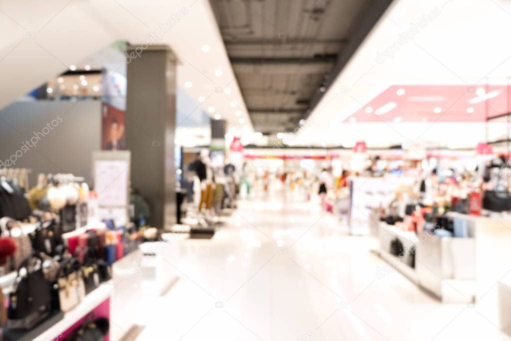 Abstract blurred shopping mall and retail stores in shopping center with bokeh light for background. Women fashion bag and accessories store.