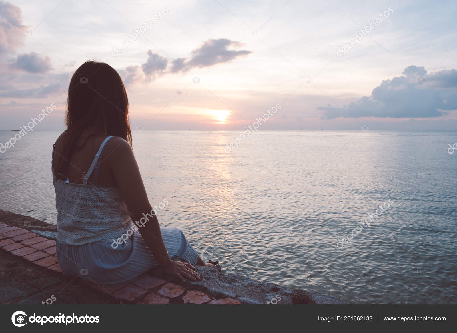 Silhouette Young Woman Sitting Alone Back Side Outdoor Tropical ...