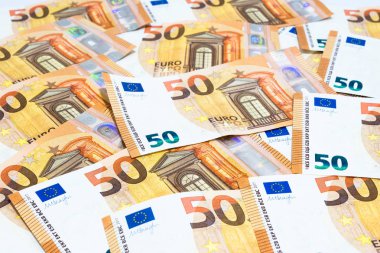 Birçok 50 euro banknot para veya para birimi arka plan ve finansal kavramlar için resepsiyon kullanımda yığını.