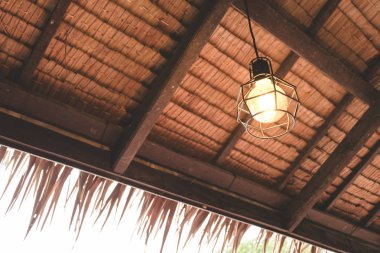 Vintage Edison ampul ahşap çatı arka planda kafe Beka asılı. Retro ampul lamba dekoratif ve iç tasarım.