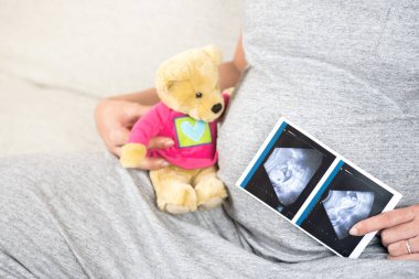 El ayı Bebek ve gösteren ultrason tarama fotoğraf karnına tutarak evde koltukta oturan mutlu hamile kadın. Gebelik, Fetal muayene, Doğum öncesi bakımı, annelik, sağlık, üst ve aşk.