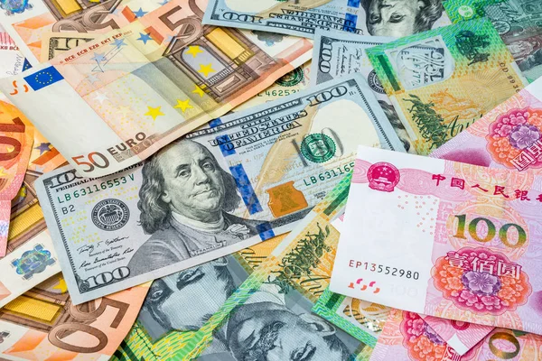 Dollari Americani Euro Dollari Australiani Yuan Cinese Come Sfondo Banconote — Foto Stock