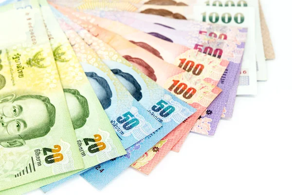 Thailandsk Valuta Som Bakgrunn Diverse Thailandske Pengesedler Isolert Hvit Bakgrunn – stockfoto