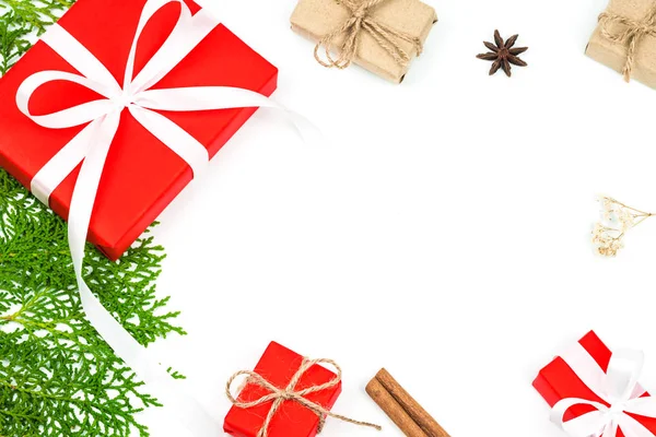 Sfondo Natale Regalo Natale Scatole Regalo Rosse Con Fiocco Nastro — Foto Stock