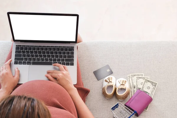 Genç güzel hamile kadının üstten görünüm boş beyaz ekran laptop ve m-cüzdan, Doları para, Bebek Patiği ve evde kanepe üzerinde kredi kartı ile alışveriş online. Gelecekte yeni doğan bebek için hazırlanıyor.