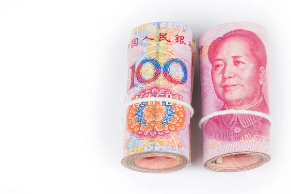 Rollen Van Honderd Chinese Yuan Bankbiljetten Met Wit Gewaad Band — Stockfoto