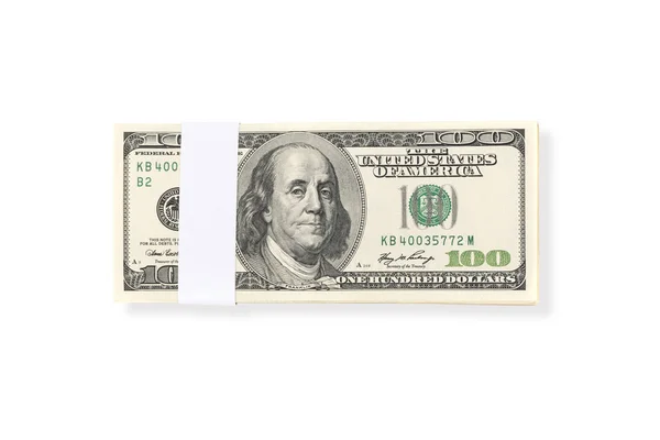 Pilha Cem Dólares Americanos Notas Dinheiro Isolado Fundo Branco Com — Fotografia de Stock