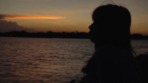 Siluet Muda Asia Kesepian Melihat Pemandangan Danau Saat Matahari Terbenam — Stok Video