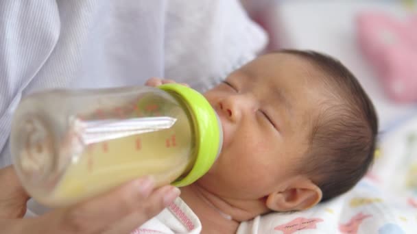 Nahaufnahme Einer Mutter Die Ein Neugeborenes Hält Und Muttermilch Mit — Stockvideo