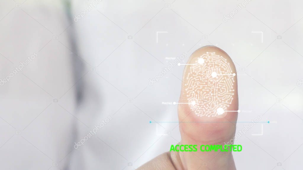 Businessman scan fingerprint biometric identity and approval. 