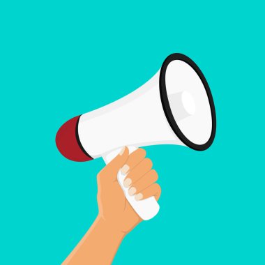 Mavi arka planda el ele tutuşan megafon. Dijital pazarlama, sosyal medya pazarlama kavramı. Düz tasarımda vektör illüstrasyonu.