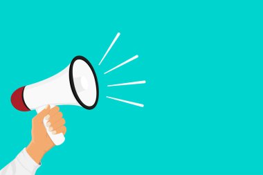 Mavi arka planda el ele tutuşma megafonu ve fotokopi alanı. Dijital pazarlama, sosyal medya pazarlama kavramı. Düz tasarımda vektör illüstrasyonu.