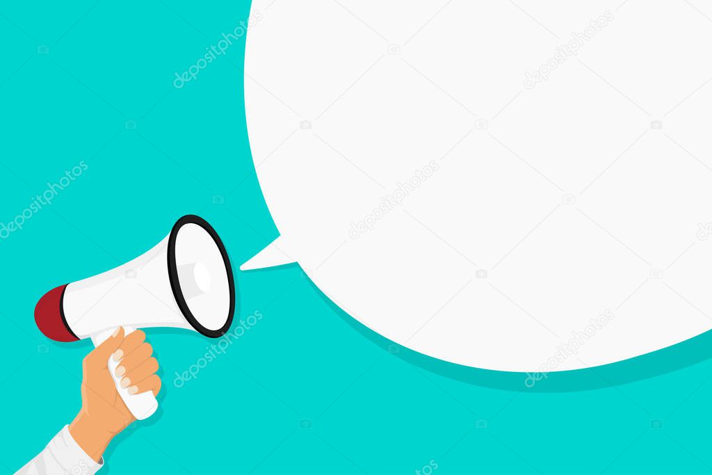 Hand holding megaphone with white bubble speech on blue background. Digital marketing, social media marketing concept. Vector illustration in flat design.