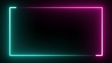 Parıldayan neon dikdörtgen çerçeve işareti izole edilmiş siyah arkaplan. Ultraviyole ışık neon tayfı. Kusursuz döngü lazer gösterisi 3D oluşturucu.