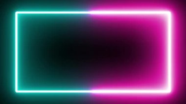 Parıldayan neon dikdörtgen çerçeve işareti izole edilmiş siyah arkaplan. Ultraviyole ışık neon tayfı. Kusursuz döngü lazer gösterisi 3D oluşturucu.