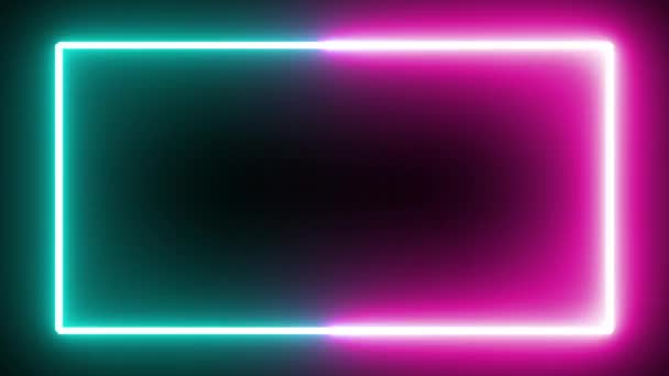 Flickande Neon Rektangel Ram Tecken Isolerad Svart Bakgrund Ultraviolett Modernt — Stockvideo