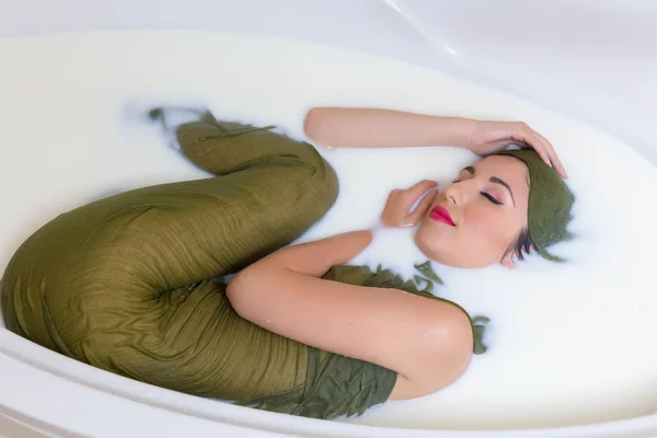 Relaxed Young Woman Lying Milk Bath Wet Dressed — Stock Photo, Image