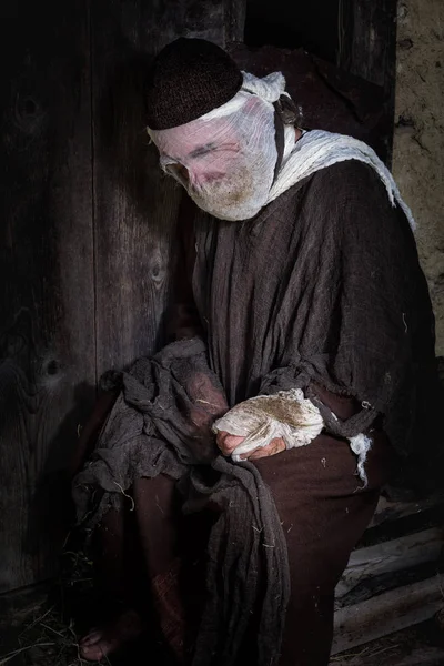 Bibeln Scen Historisk Reenactment Spela Med Spetälska Man — Stockfoto