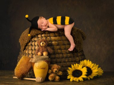 Cute baby sleeping in bee outfit on top of antique beehive clipart