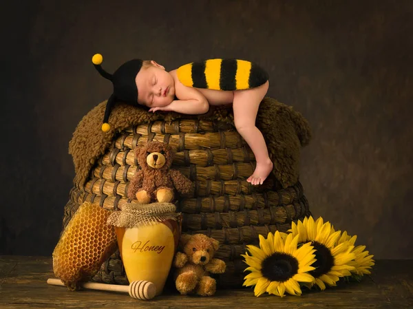 Bébé Mignon Dormant Tenue Abeille Sur Dessus Ruche Antique — Photo