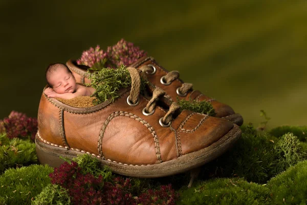 Pasgeboren Baby Slapen Oude Kinderschoenen — Stockfoto