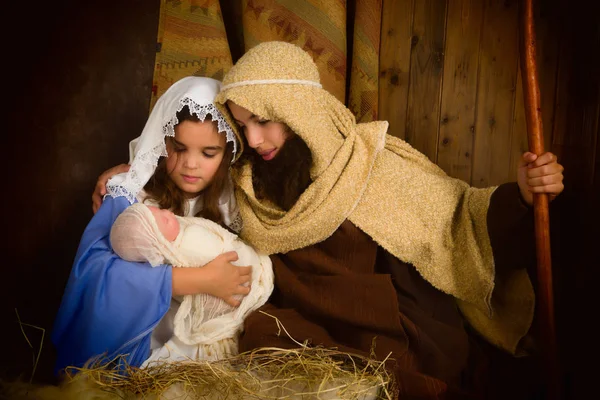 Belén Navidad Recreado Por Niños Una Muñeca — Foto de Stock