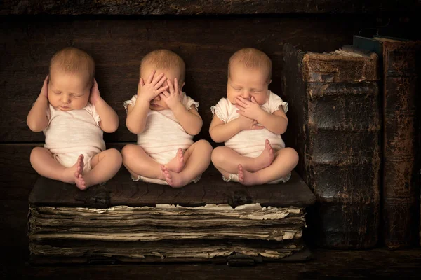 Three Sleeping Newborn Babies Doing Hear See Speak Evil Gestures — Stock Photo, Image