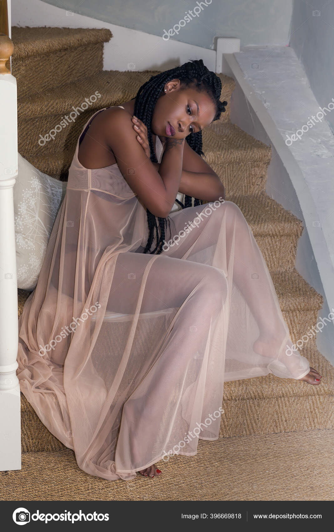 Pretty Young Woman Sheer Nightgown Sitting Stairs Stock Photo by