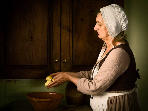 Old Master style Renaissance portrait of a woman preparing food in an antique kitchen