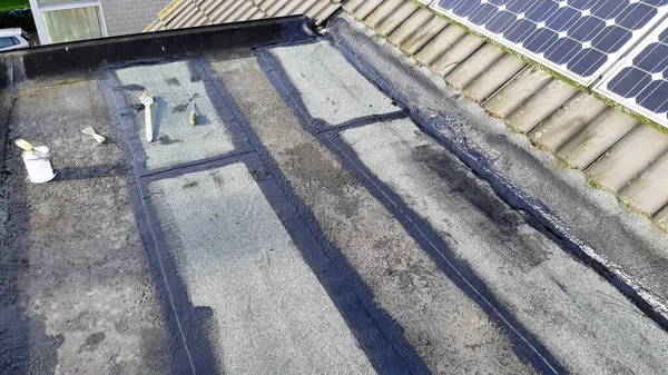 Tar Foil Roof Repair New Patches Installed Prevent Further Leaking — Stock Photo, Image