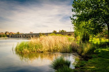 İspanya 'nın Merida kentindeki Guadiana Nehri üzerindeki tarihi Roma Köprüsü (Puente Romano).