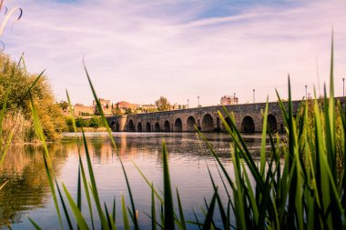 İspanya 'nın Merida kentindeki Guadiana Nehri üzerindeki tarihi Roma Köprüsü (Puente Romano).