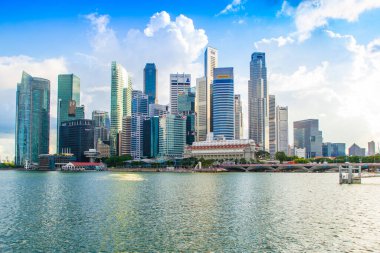 Singapore, May 2014: view on the skyscrapers and skyline of downtown Singapore, Marina Bay Sands area, water in foreground