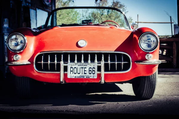 Hackberry, United States, November 2013: exterior of Chevrolet Corvette C1 50's edition, convertible, steering wheel and seats, fully restored on route 66