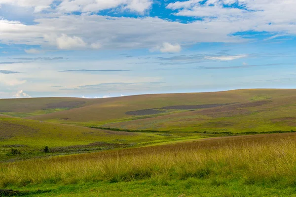 Nyika yaylası, Malawi, Afrika: tepeler, otlar, düzlükler ve bulutlu gökyüzü ile yuvarlanan manzara. Safari gezisi sırasında seyahat ve turizm