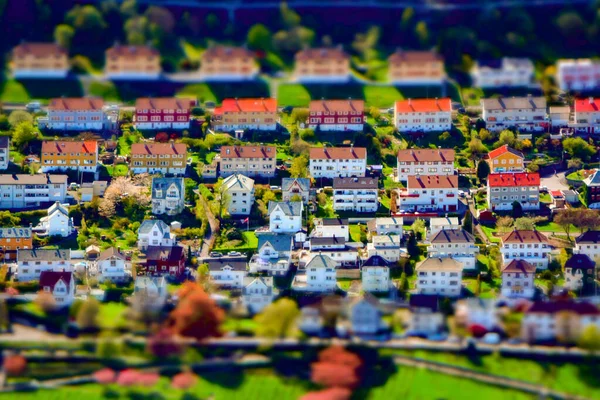 Tilt Shift Kreativ Bild Överklassig Bostadsområde Förortsdistrikt Med Hus Och — Stockfoto