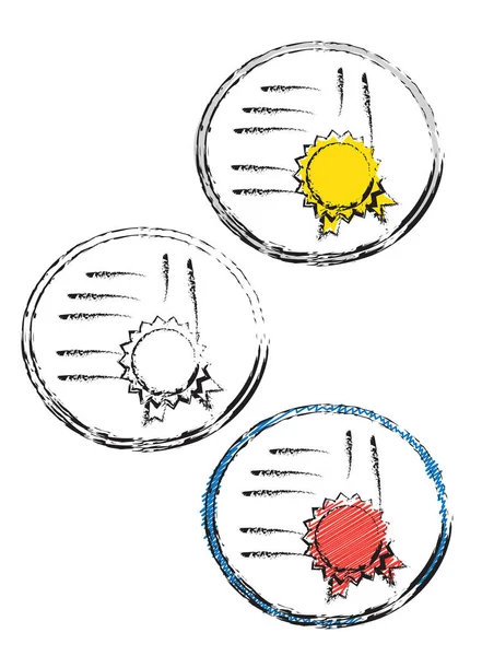 Tres Iconos Diploma Círculo Dibujado Mano Vectorial Estilo Garabato — Vector de stock