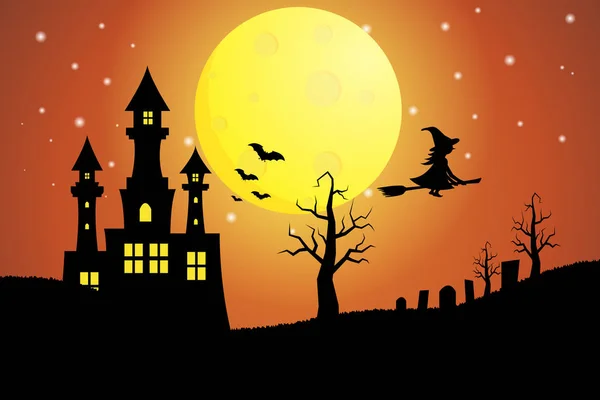 Illustratie Van Halloween Kasteel Silhouet Onder Het Maanlicht — Stockvector