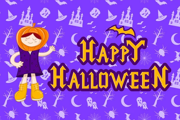 Meisjes Halloween Kostuums Met Een Achtergrond Van Naadloze Patronen Halloween — Stockvector