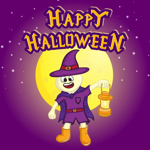 Happy Halloween Vectorillustratie Heks Kind Kostuum Met Maanlicht Achtergrond — Stockvector