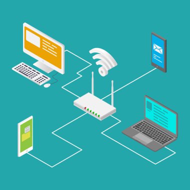 Kablosuz aygıt teknolojisi, yönlendiriciler, akıllı telefonlar, dizüstü bilgisayarlar, bilgisayar vektör Illustration. izometrik tasarım