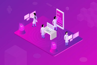 modern akıllı telefon araştırma izometrik tasarım, geliştirme ekibi çalışmaları