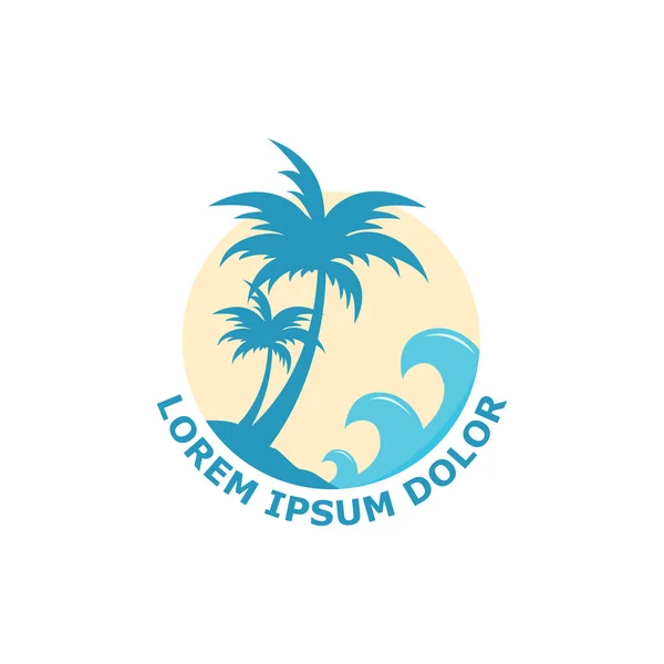 Simge Vektör Adası Plaj Logo Tasarımı Siluet Palmiye Ağaçları Dalgalar — Stok Vektör