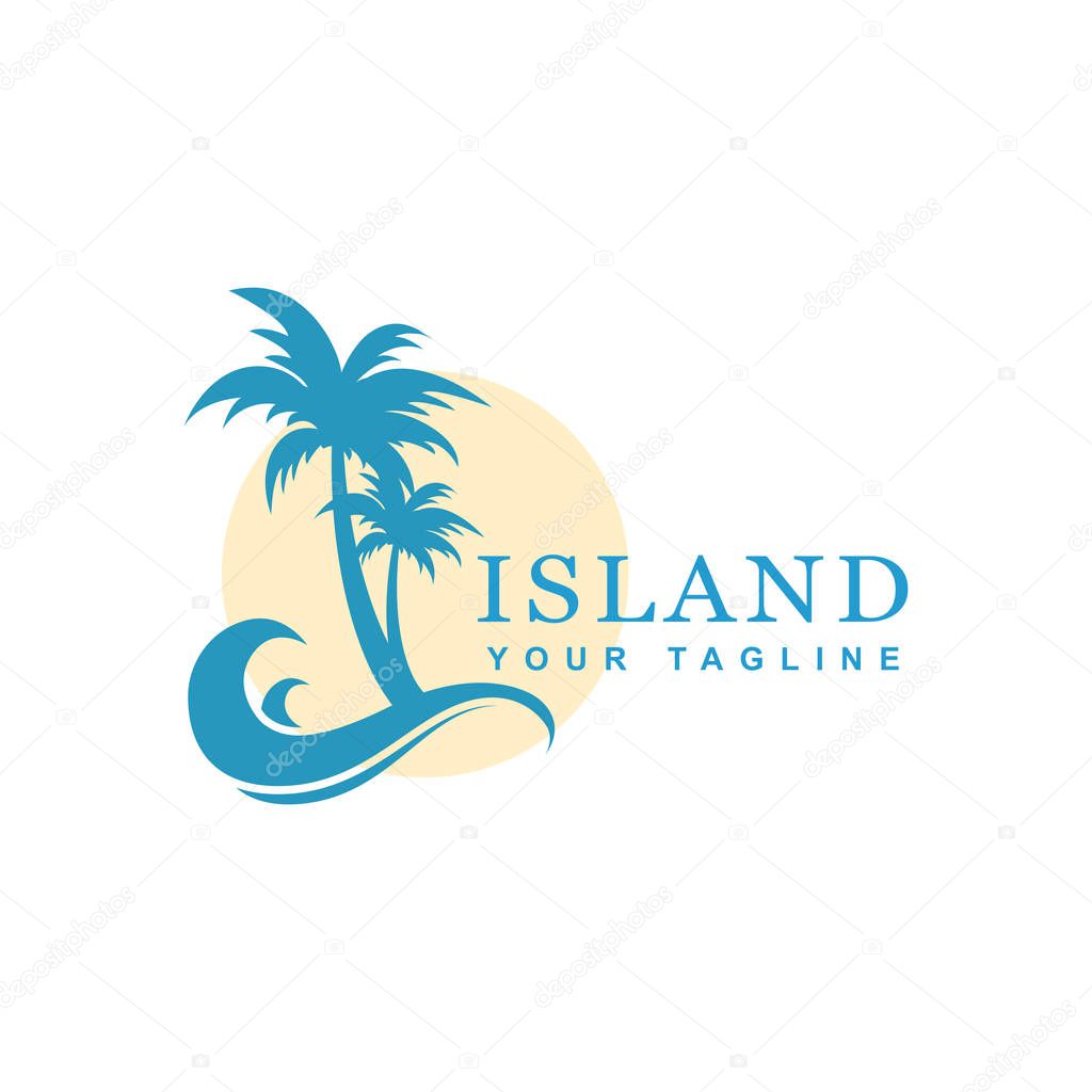island and beach logo design, silhouette palm trees and waves vector icon