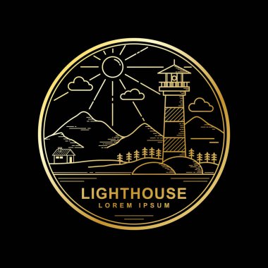 Siyah arka plan illüstrasyon logosu deniz feneri anahat stili izole