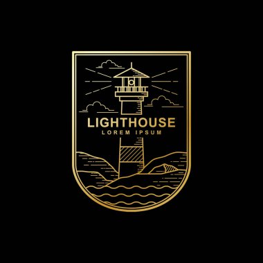 Siyah arka plan illüstrasyon logosu deniz feneri anahat stili izole