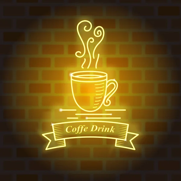 Светящийся Неоновый Кофе Темой Кафе Кирпичной Стене — стоковый вектор