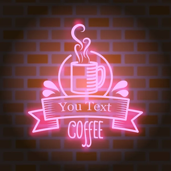 Lichte Neon Koffie Gloeien Met Een Café Thema Een Bakstenen — Stockvector