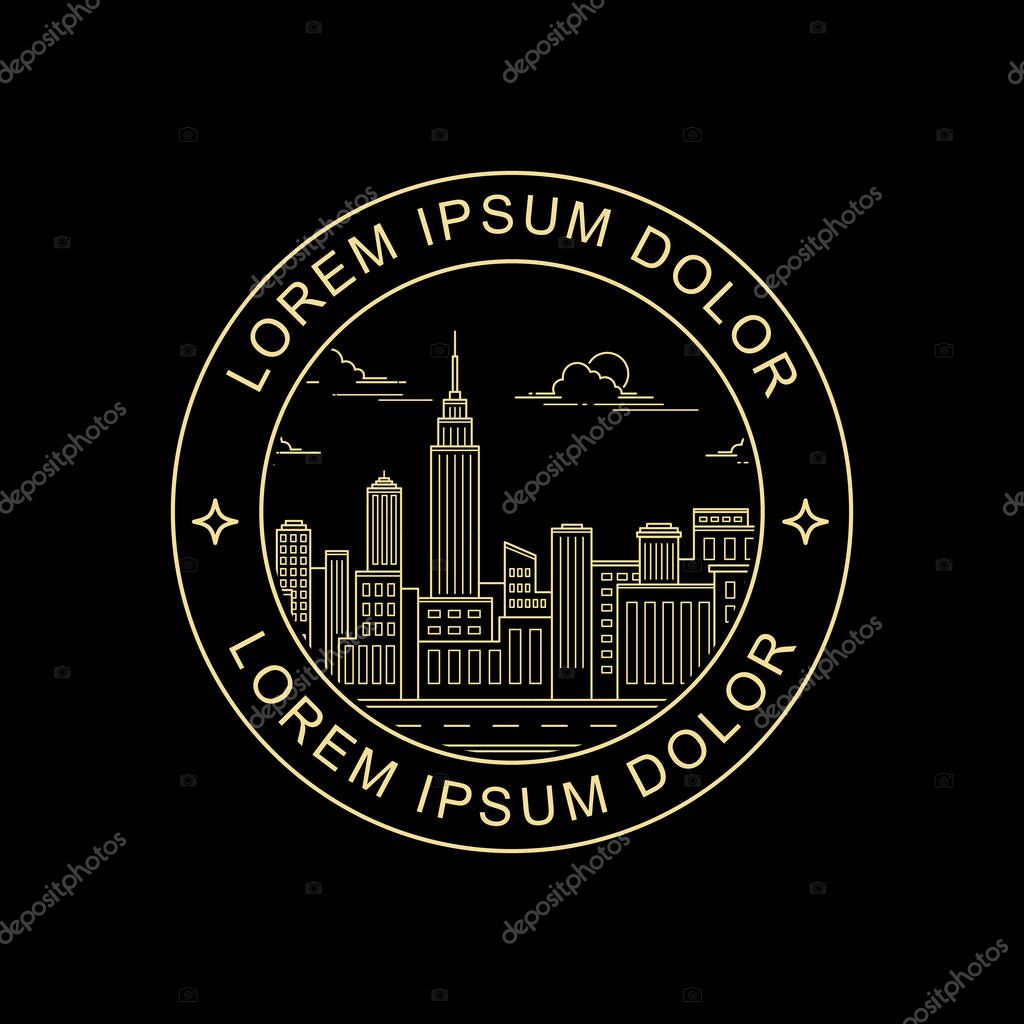 Downtown stamp logo design, illustration of building with line art style