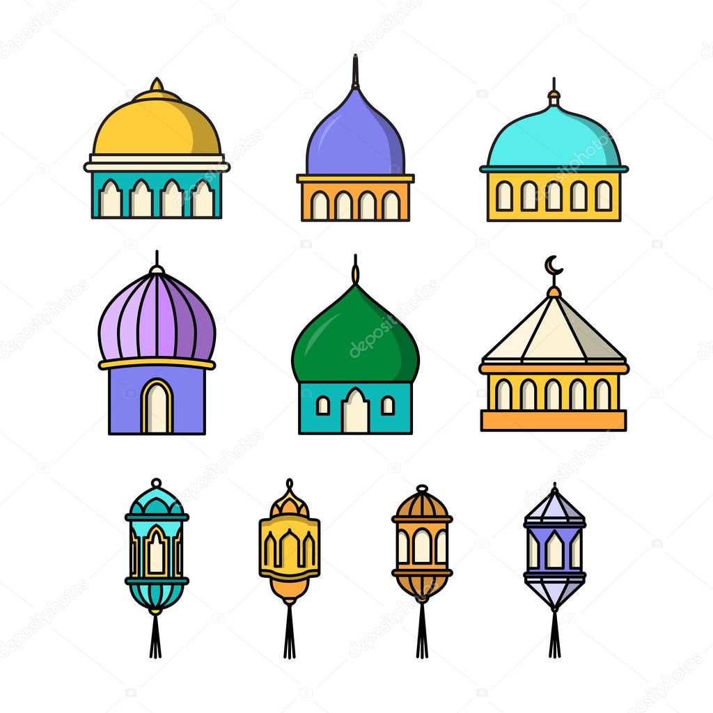 Mosque domes and flat style lantern designs, isolated white backgrounds